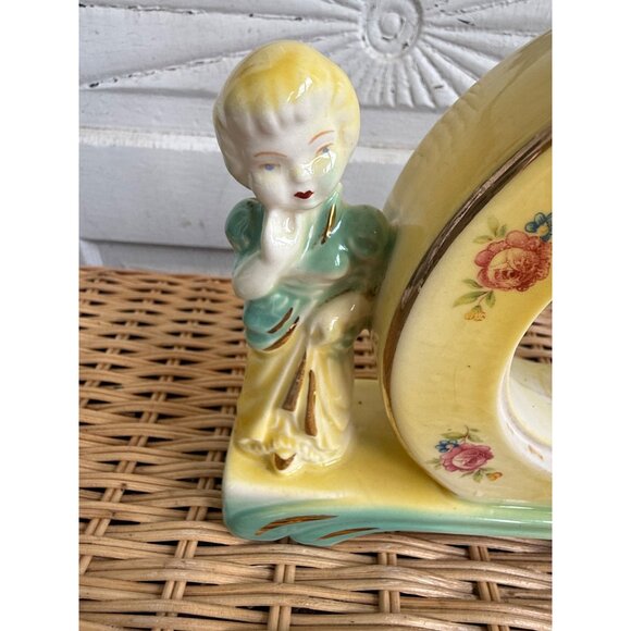 Antique 30s Porcelain Clock Case Frame Boy Girl on ends Roses Green Yellow - Picture 5 of 11